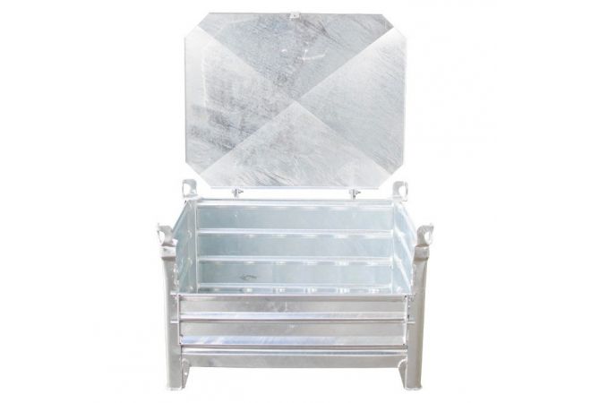 Verzinkte stapelbak met voorklep en deksel 100x80x50cm gegalvaniseerd met 4 hijsogen W.L.L. 2.000 kg  - 1446.10000051