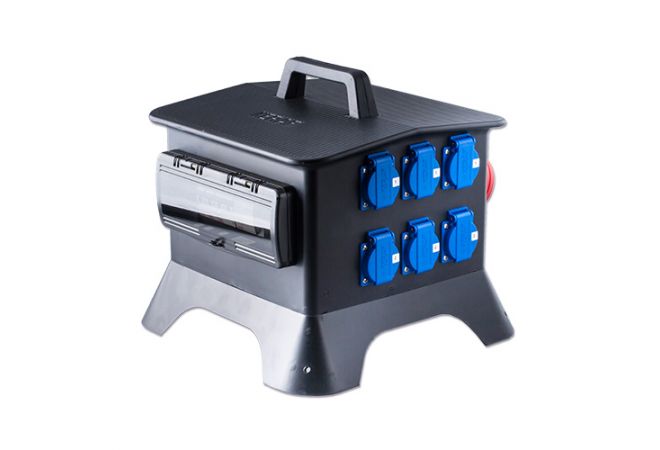 Keraf KE 27 Bouwstroomverdeler Volrubber Ypsilon doorlus 32A 5p 400V | 2x CEE 32A 5p 400V | 6x schuko 16A 2p+RA 230V | 104485