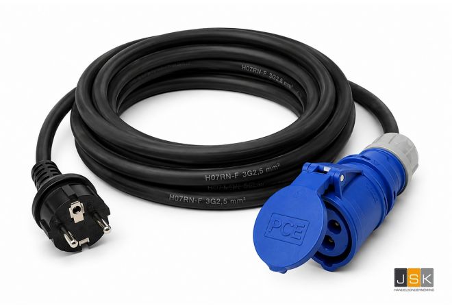 162>163 | 5,0 meter 16A Camping Verbindingskabel adapter H07RN-F 3x2,5mm², van stekker 230V naar CEE koppeling 3-polig blauw 230V voor Caravan, Boot, Camper