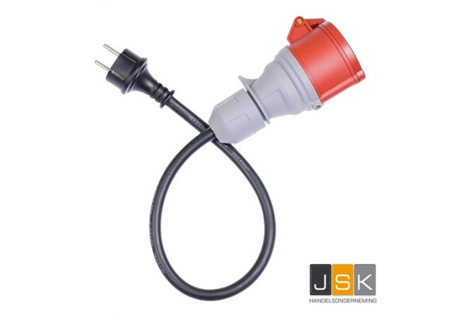 162>165 CEE Adapterkabel 16 A, 5-polig naar Schuko stekker | rubberen stekker 230 Volt 2-polig met randaarde naar CEE contrastekker 16A 5-polig | 1446.162165