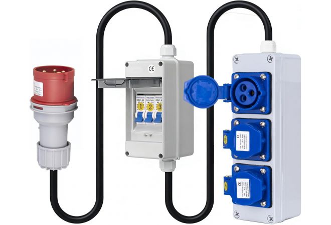 325>163 CEE-adapter 380V naar 220V (32A naar 16A) - krachtstroomadapter 5-polige 32A CEE-stekker naar 16A stopcontact met 3x16A stroomonderbreker - IP54 verdeler met 3X 3P/16A CEE stopcontact, 1m- | 1446.325163/3