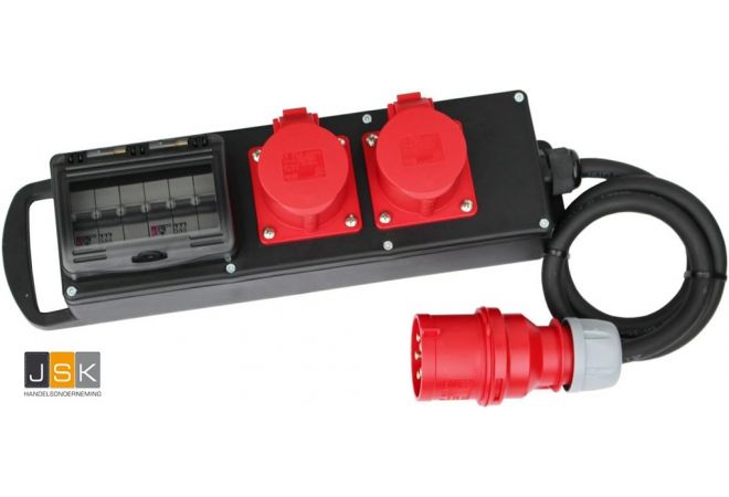 325>165 | Verdeeldoos stroomverdeler massief rubber van 1x 32A 5-polig naar 2x 16A 5-polig gezekerd met 2x LS C16A, 3-polig - 325165/2/G