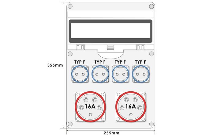 Wandverdeler (Bouwstroom) | CEE 2x16A | 4x230V Schuko | Stroomverdeler LS-schakelaar FI-schakelaar 12-module - 1446-6565D