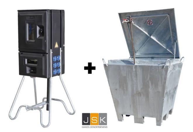 Bouwmeterkast Megaebox 80A+bouwwaterput actieset | Afgaand: 1x 63 Ampère 5-polig | 6× Schuko 16A 2p+RA 230V | 3x 32 Ampère 5-polig 400V | 1446.603335