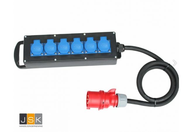 Voedingsverdeler-Stopcontactverdeler 16A, 1x Stekker 16A 5p 400V, 3x Schuko stopcontact 16A 250V IP54 ongezekerd, Kabel: H07RN-F 5G2,5mm2, IP44