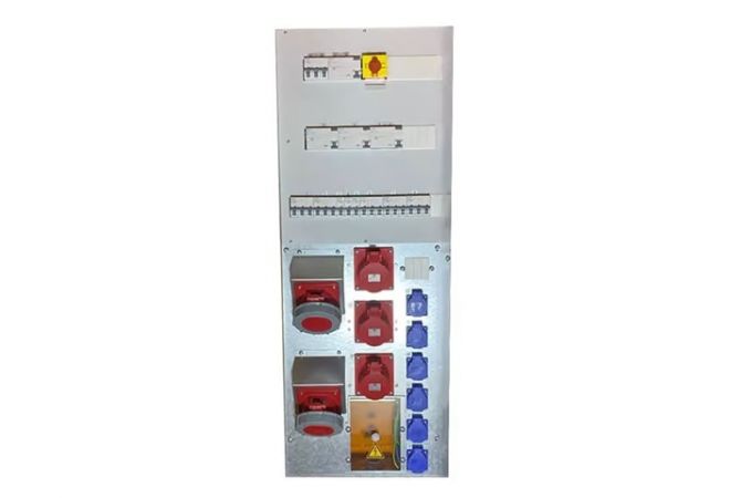 Bouwmeterkast MVK80A/2306 + onderstel | 2x CEE 63A 5p 380V | 3x CEE 32A 5p 380V | 6x schuko 16A 230V | Artikelnummer: 1446.603367 | 2 compartimenten met afsluitbare deuren | 1446.603367 MERZ/PCE