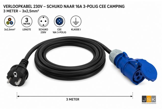 162>163 | 3,0 Verloopkabel van Schuko stekker naar CEE-stekker, van Stekker 230V naar CEE koppeling 3-polig blauw 230V voor auto, heftruck, boot H07RN-F 3x2,5mm² 16A