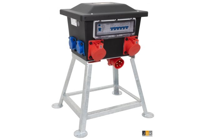 32A kunststof verdeelkast RONDO op frame, CEE 32A 5p 6h 400V via onderzijde, 6x Schuko 16A 2p+RA 230V,  2x CEE 32A 5p 6h 400V - NL10.0306.01032 | EAN: 4068773531448