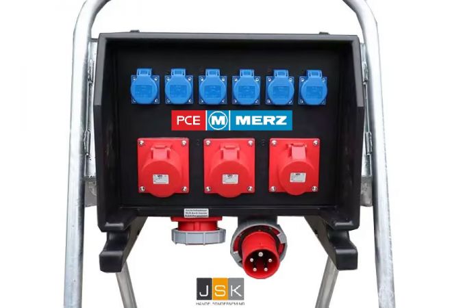 PCE Merz Verdeelkast 63A 3x5p/32A + kabel 25m actieset | Afgaand: 6× Schuko 16A 2p+RA 230V | 3× CEE 32A 5p 6h 400V | 1446.603339