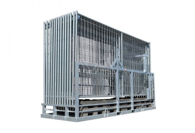 Bouwhek transportbok combipallet HD, 28 Bouwhekken verticaal opslaan en transporteren, 32 bouwhekvoeten en 40 klemmen en 12 schoren compleet met grondpen 1446.30500300