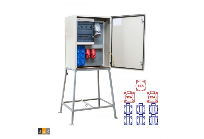 Bouwmeterkast 63 Ampère | KEM6001 | 1x CEE 63A 5p 380V | 1x CEE 32A 4p 380V 1x CEE 32A 5p 380V | 6x schuko 16A 230V | 104497 - JSK Handelsonderneming