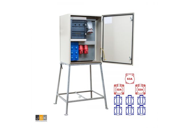 Bouwmeterkast 63 Ampère | KEM6002 | 1x CEE 63A 5p 380V | 2x CEE 32A 5p 380V | 6x schuko 16A 230V | 104506 - JSK Handelsonderneming